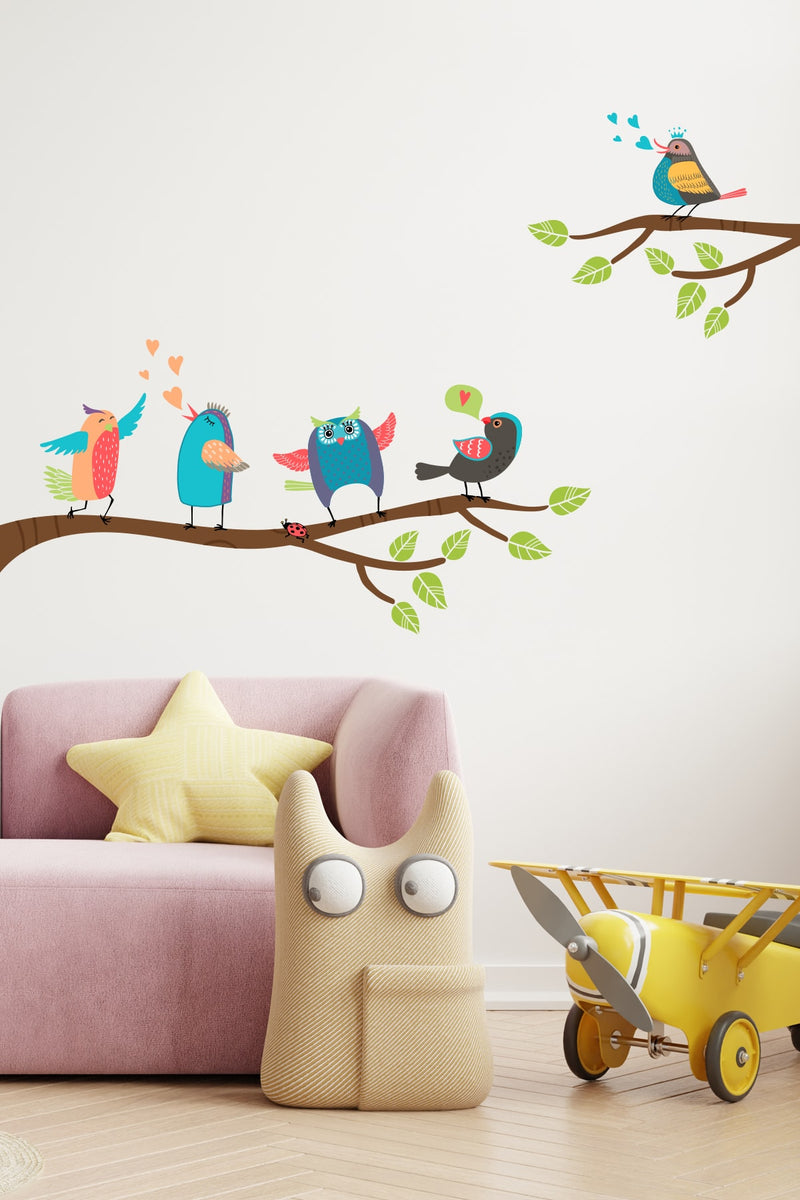 Rengarenk Neşeli Kuşların Dansı Ağaç Ve Dallar Dekoratif Çocuk Odası Duvar Sticker