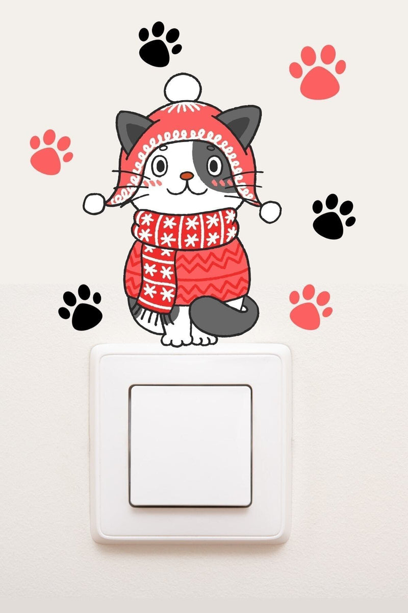 - Priz - Yılbaşı Kedi Ve Patiler Dekoratif Priz Sticker - Sim769