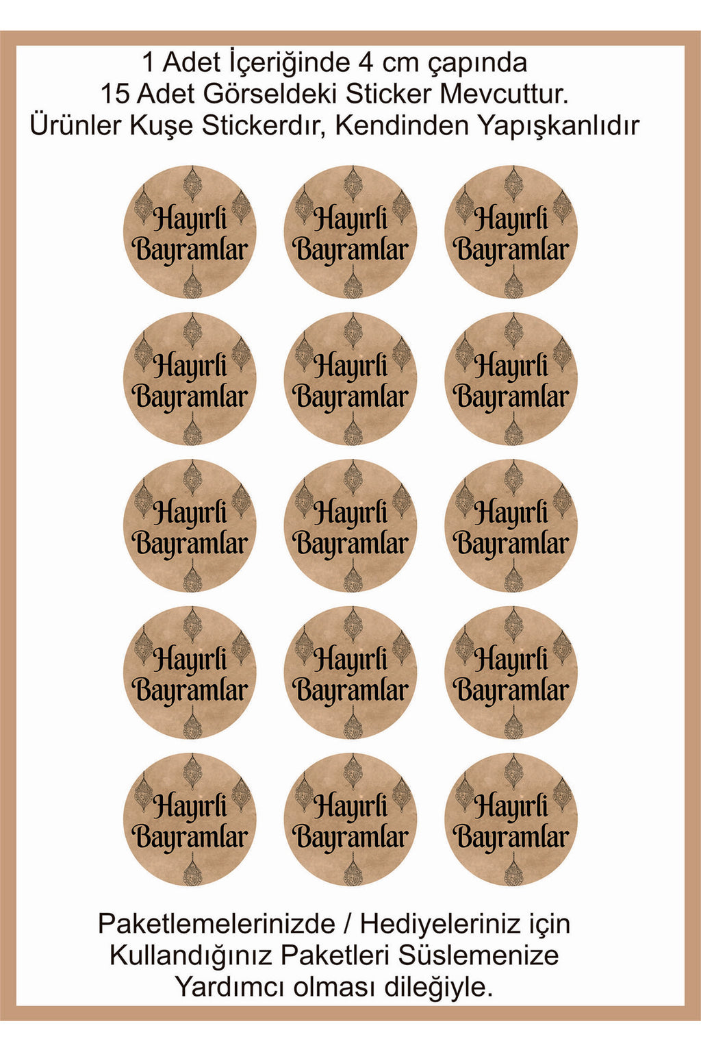 Hayırlı Bayramlar yazılı, Paketleme Kutularına Özel Tasarım Etiketler 4 cm Çapında 15 Adet Etiket