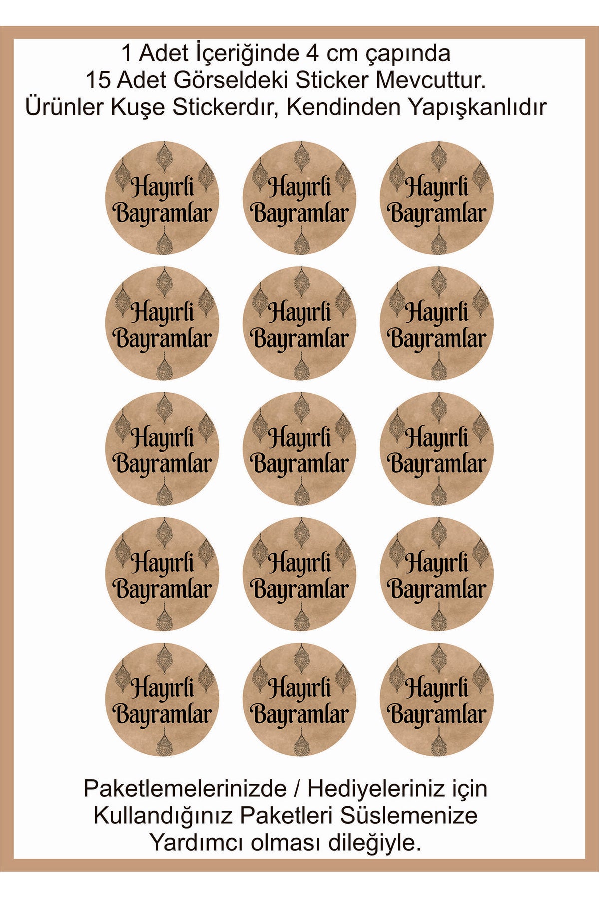 Hayırlı Bayramlar yazılı, Paketleme Kutularına Özel Tasarım Etiketler 4 cm Çapında 15 Adet Etiket