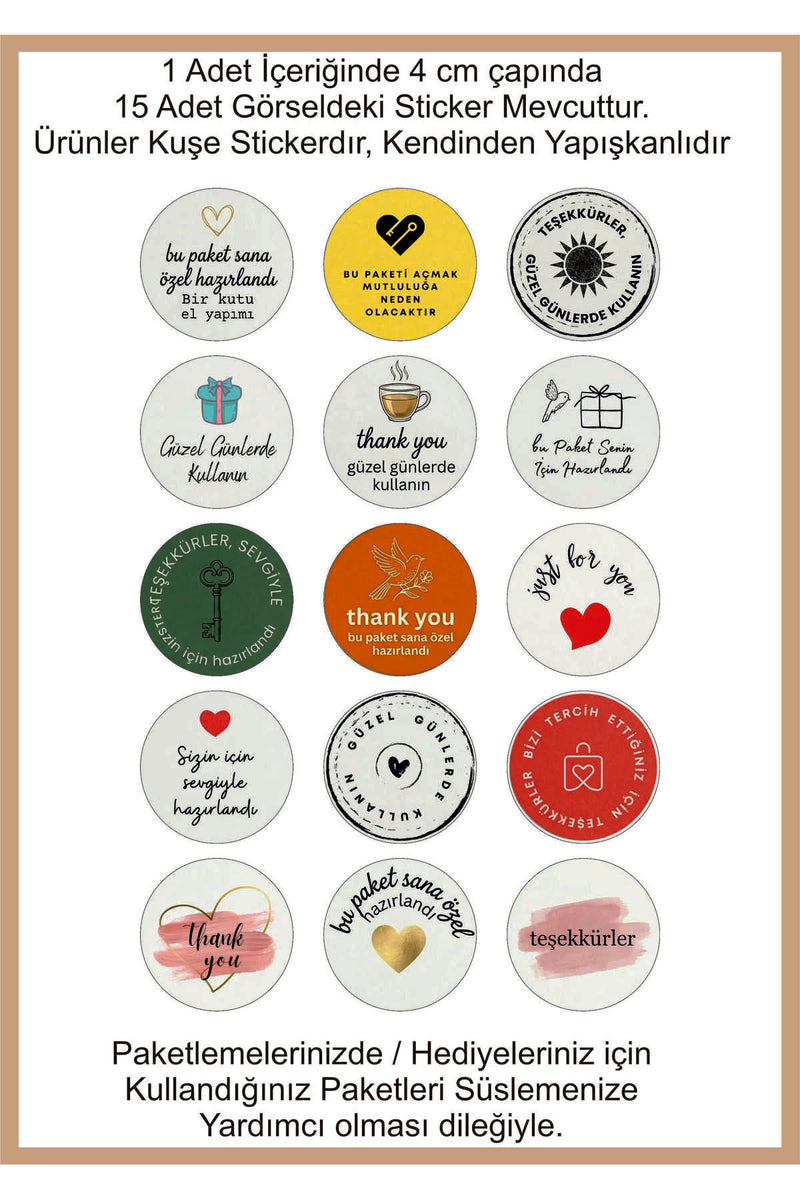 Paketlemeye özel 60 adet sticker, 15 farklı model karışık olarak