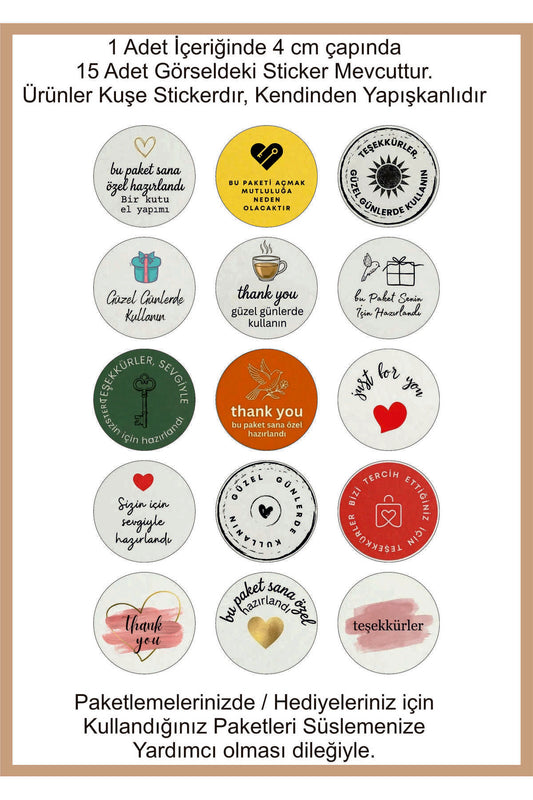Paketlemeye özel 60 adet sticker, 15 farklı model karışık olarak