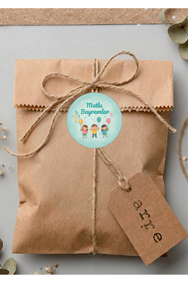 Mutlu Bayramlar yazılı, Paketleme Kutularına Özel Tasarım Etiketler 4 cm Çapında 15 Adet Etiket