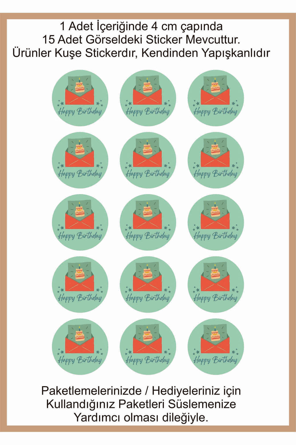Doğum Günü tebrik sticker seti, 4x4 cm 15 adet Etiket seti