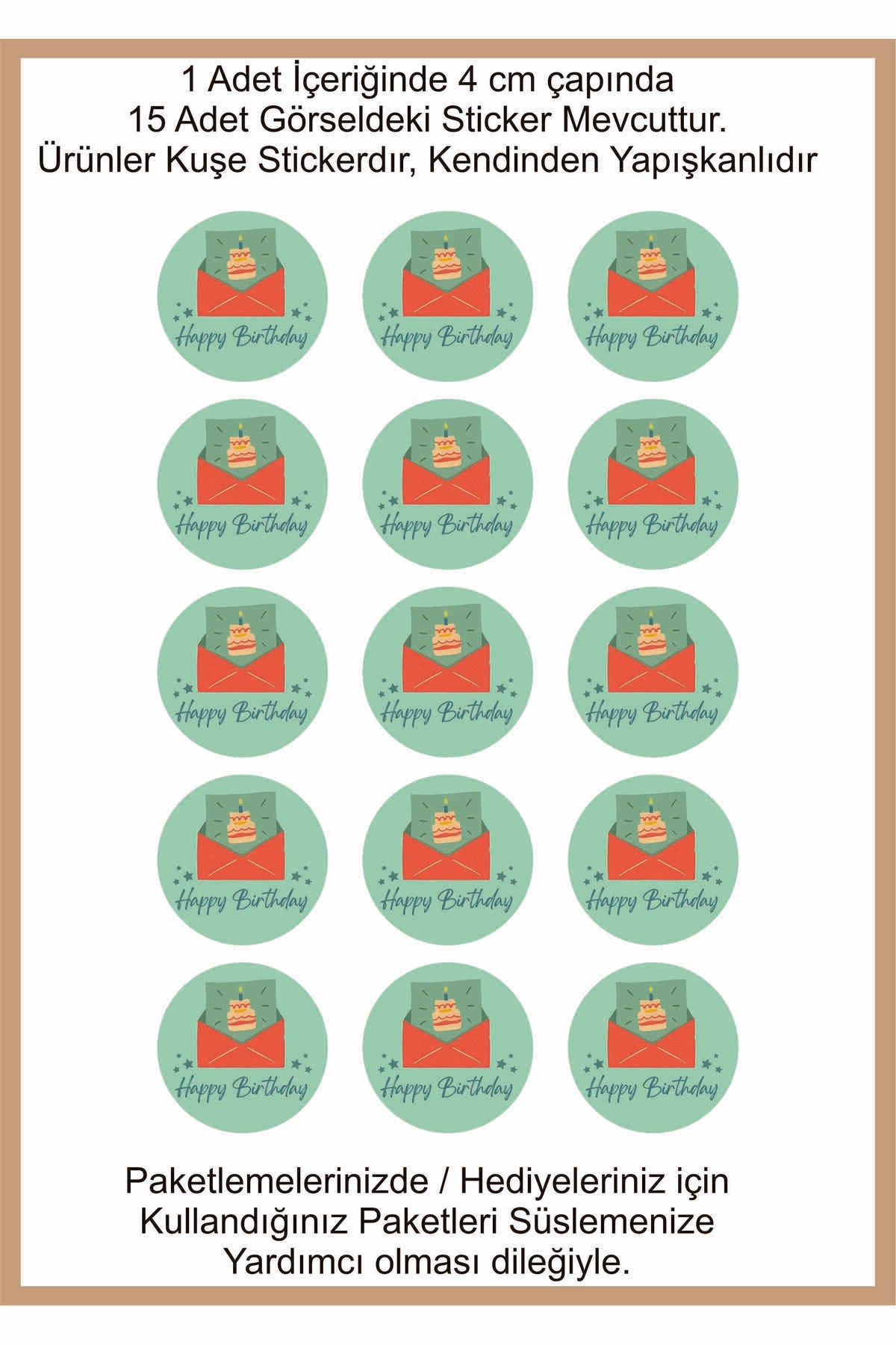 Doğum Günü tebrik sticker seti, 4x4 cm 15 adet Etiket seti