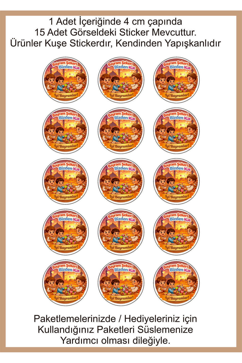 İyi Bayramlar yazılı, Paketleme Kutularına Özel Tasarım Etiketler 4 cm Çapında 15 Adet Etiket