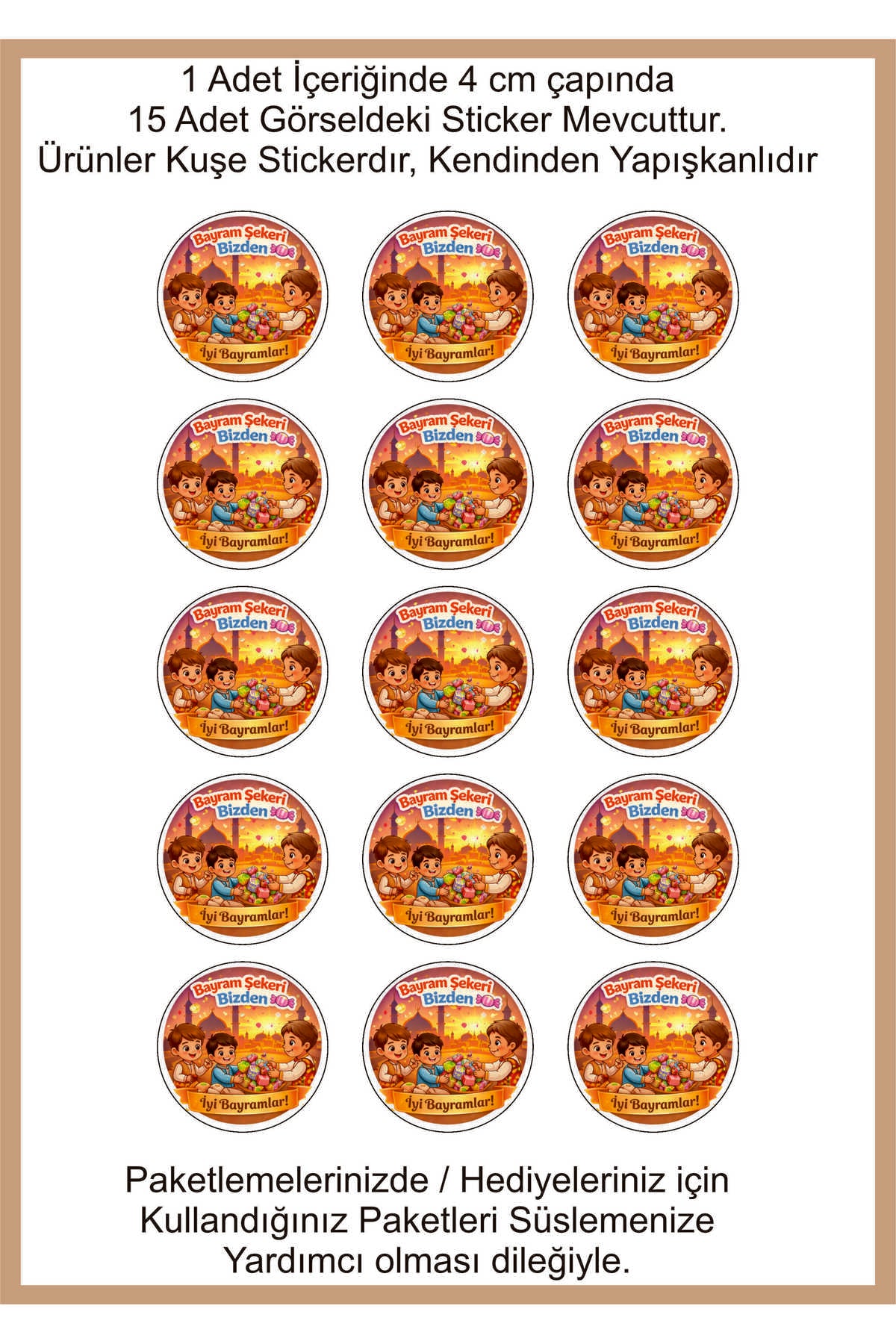 İyi Bayramlar yazılı, Paketleme Kutularına Özel Tasarım Etiketler 4 cm Çapında 15 Adet Etiket
