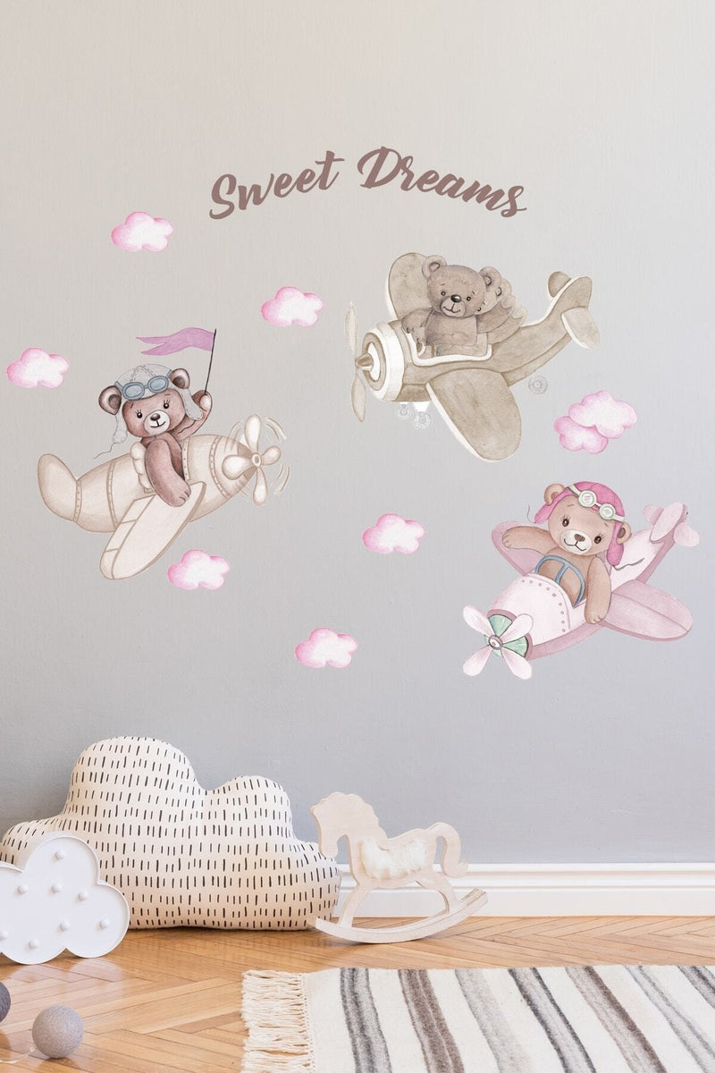 Pembe 3 Kafadar Pilot Ayılar Duvar Sticker Seti