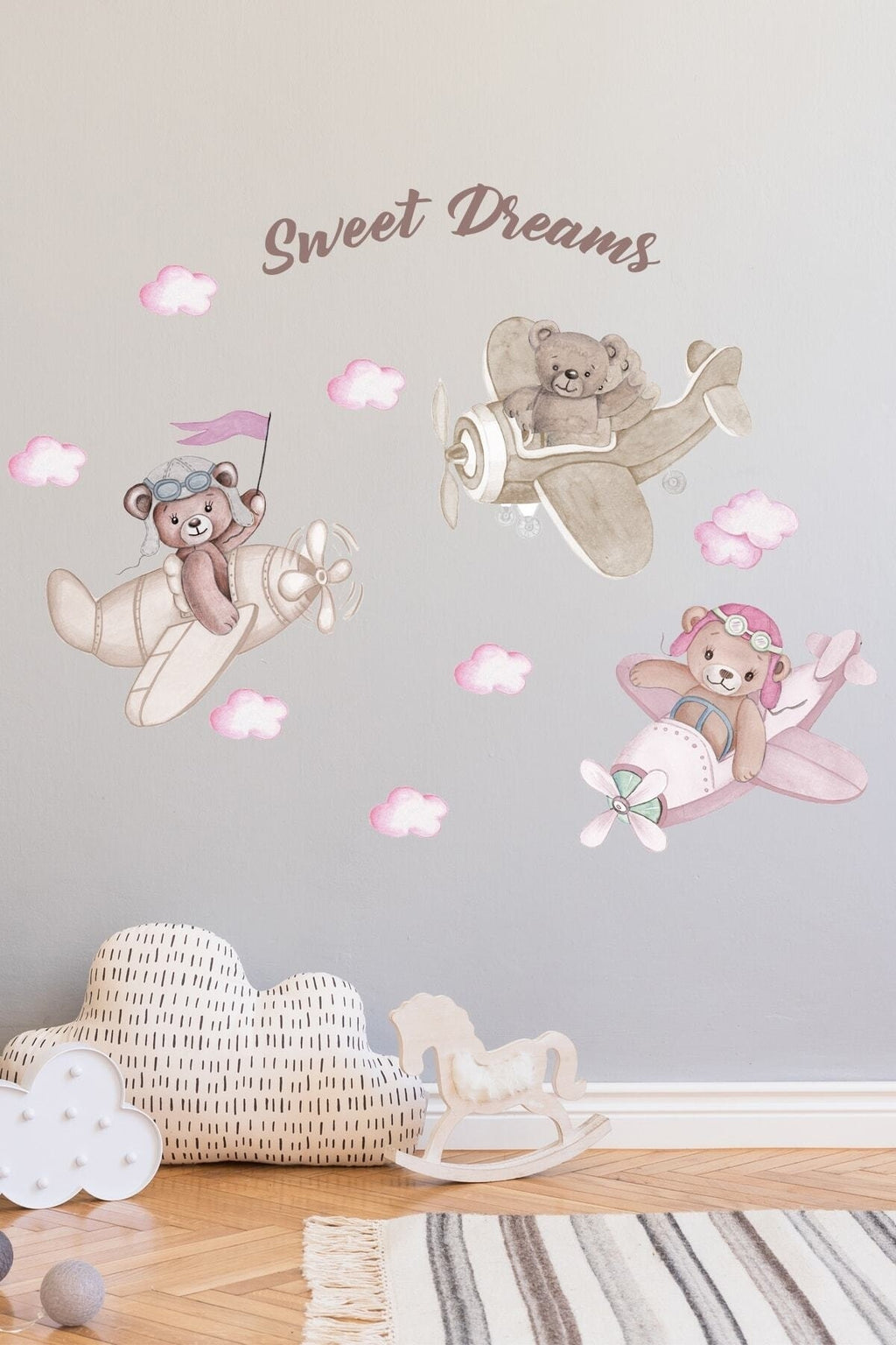 Pembe 3 Kafadar Pilot Ayılar Duvar Sticker Seti