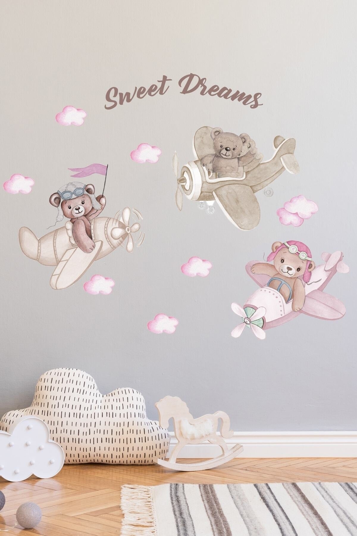 Pembe 3 Kafadar Pilot Ayılar Duvar Sticker Seti