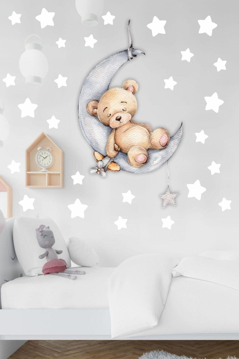 Ayda Uyuyan Sevimli Ayıcık Ve Beyaz Yıldızlar Çocuk Bebek Odası Sticker Seti