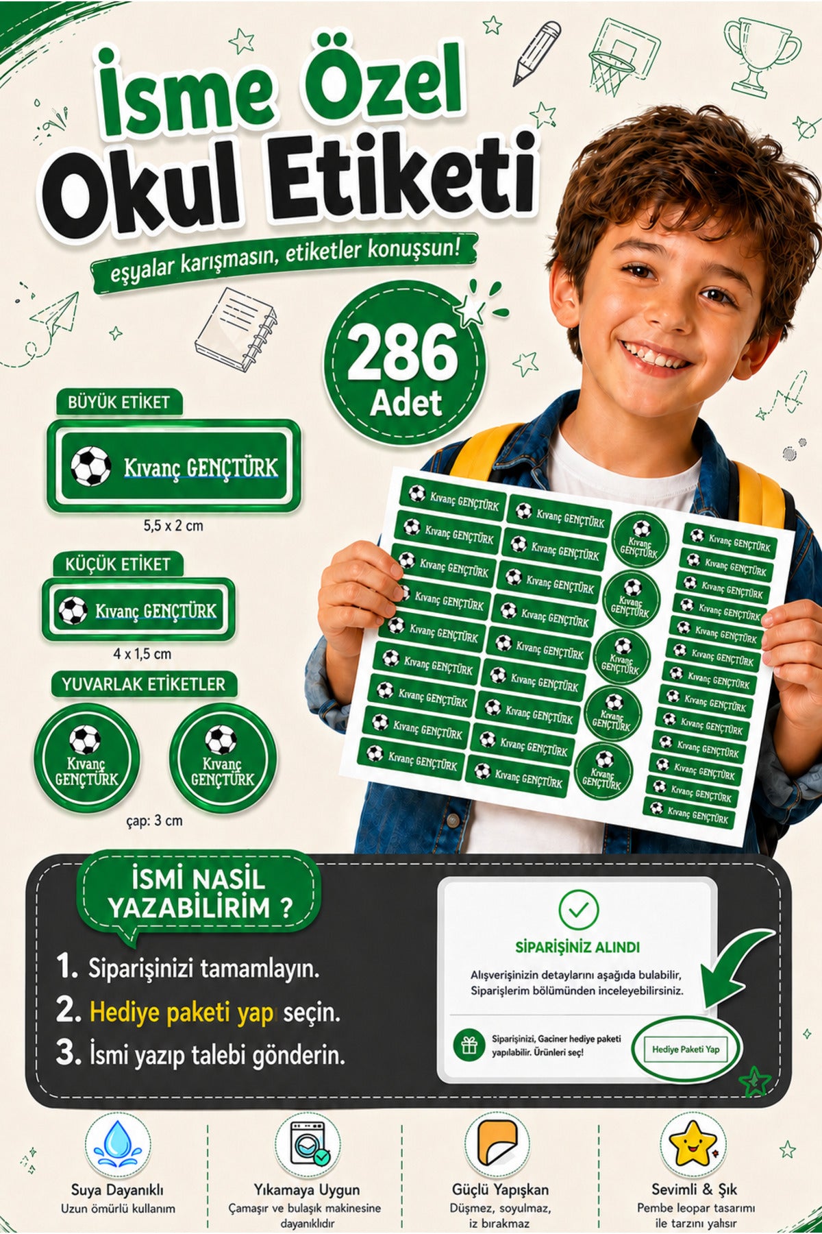Okul Etiketi Futbol Temalı Kalem Defter Etiketi Özel İsim Yazılabilen Etiket 286 Adet İsim Etiketi