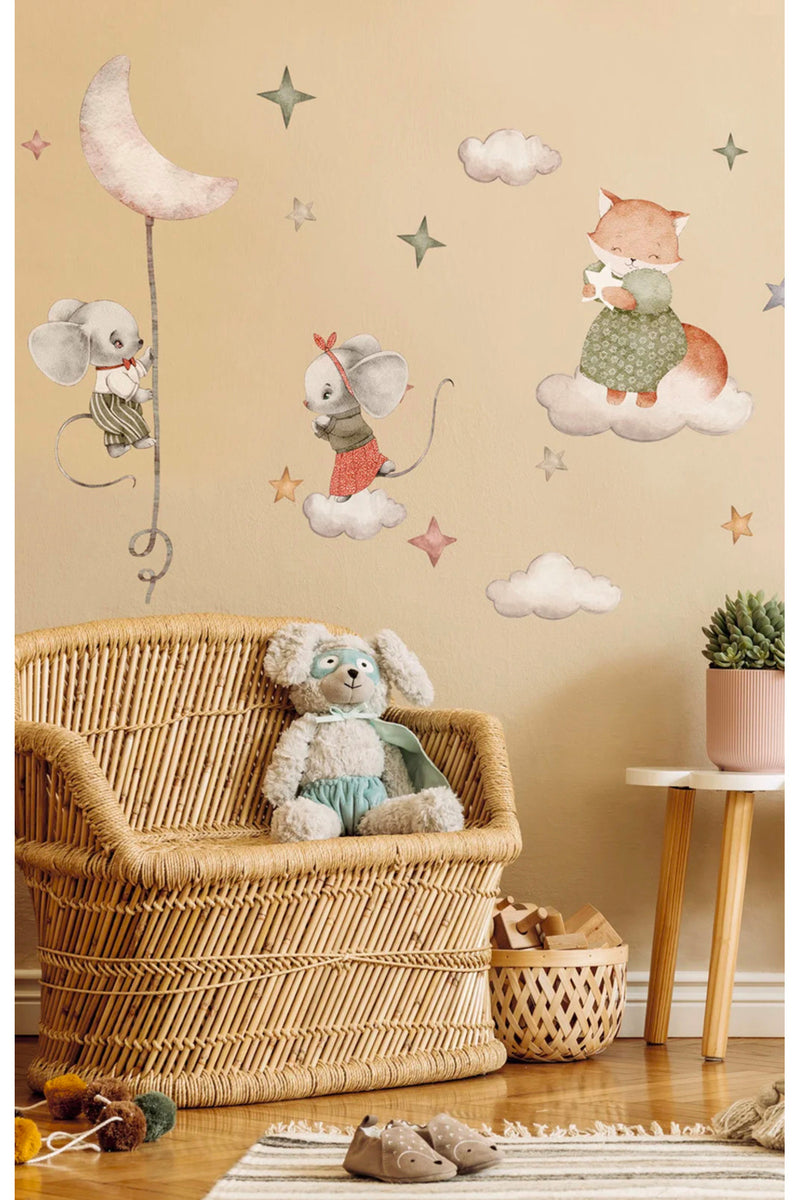Pastel Sevimli Tilki ve Fare Kardeşler Çocuk Odası Duvar Sticker Seti
