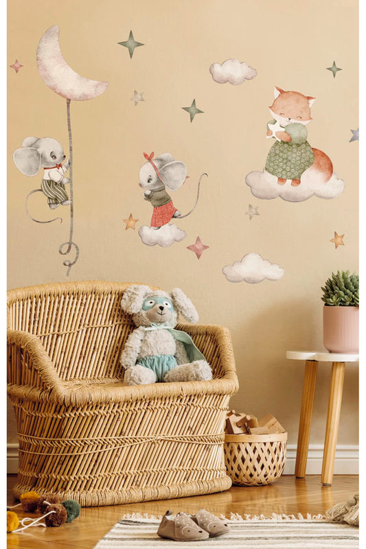 Pastel Sevimli Tilki ve Fare Kardeşler Çocuk Odası Duvar Sticker Seti