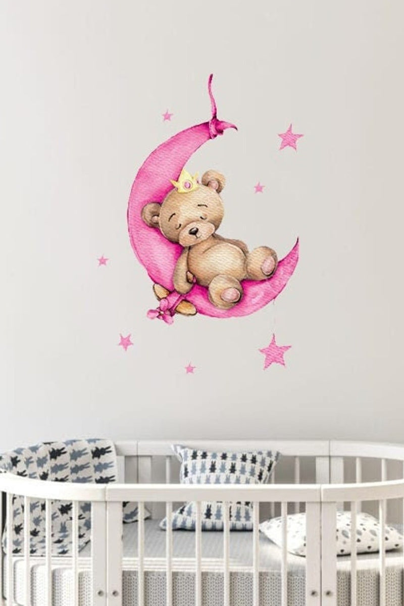 Sm363 Pembe Taçlı Uykucu Ayıcık Kız Çocuk Odası Duvar Sticker Seti