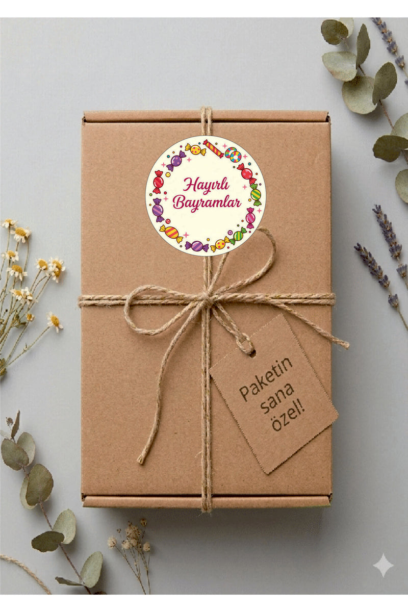 Hayırlı Bayramlar yazılı, Paketleme Kutularına Özel Tasarım Etiketler 4 cm Çapında 15 Adet Etiket