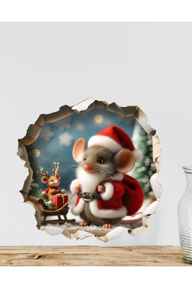 Yılbaşı Noel Kostümlü Sevimli Fare Yeniyıl Dekoratif Koridor Duvar Cam Kapı Sticker