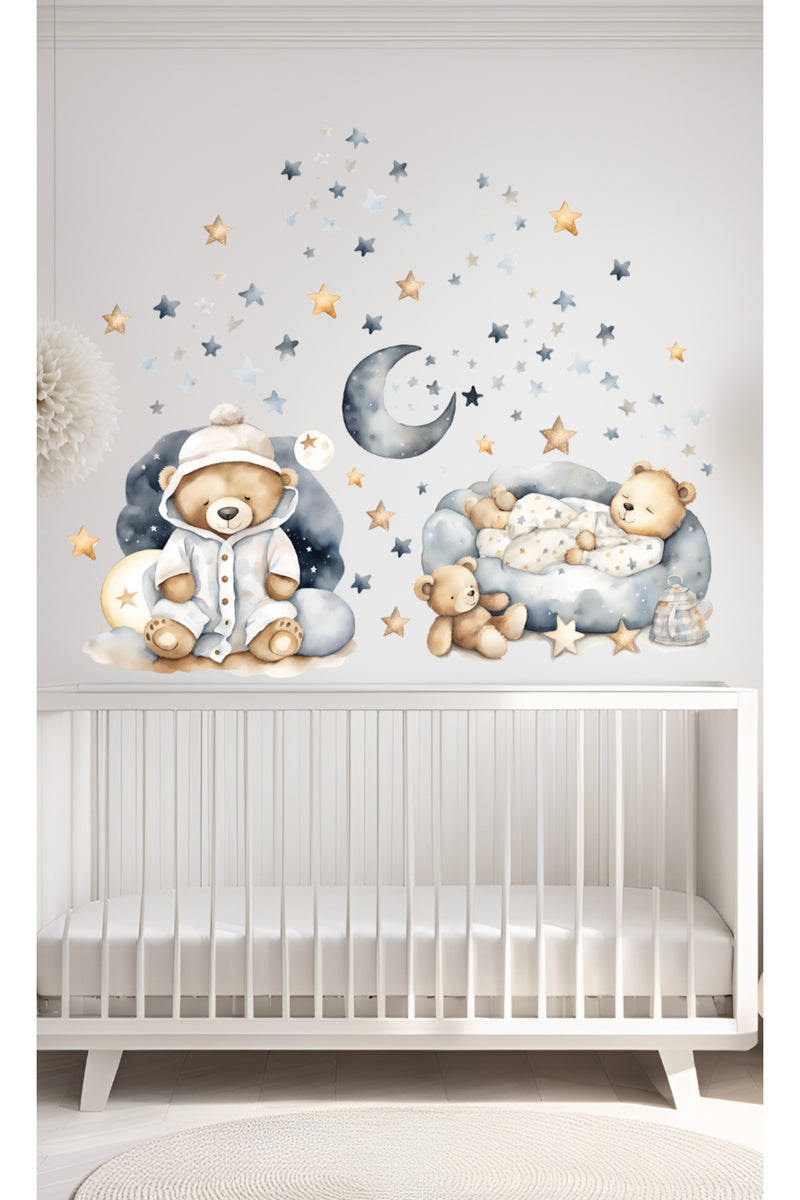 Gri Mavi Pijamalı Sevimli Ayıcıklar Çocuk Odası Duvar Sticker Seti
