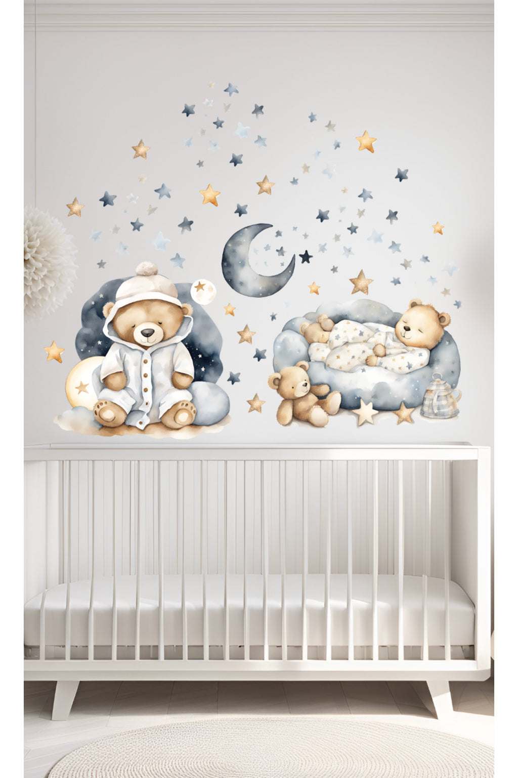 Gri Mavi Pijamalı Sevimli Ayıcıklar Çocuk Odası Duvar Sticker Seti