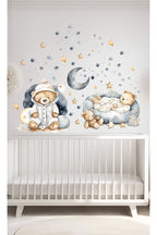 Gri Mavi Pijamalı Sevimli Ayıcıklar Çocuk Odası Duvar Sticker Seti
