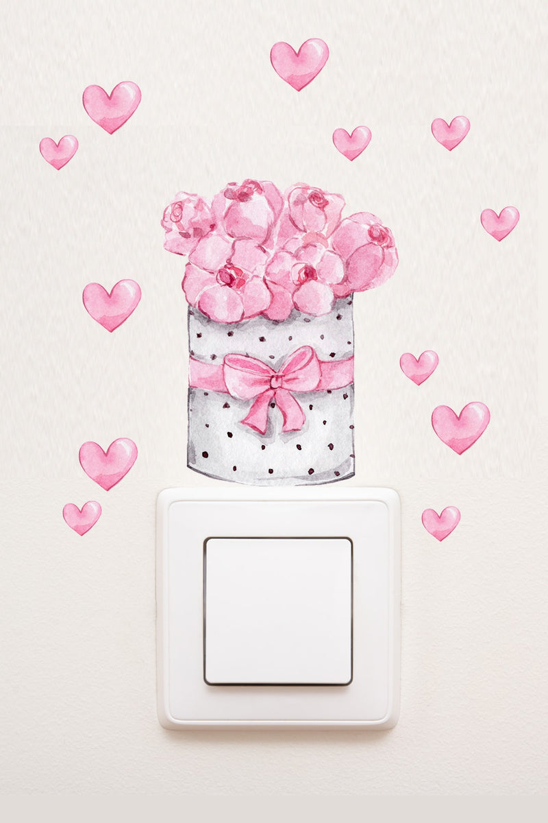 Priz - Pembe Çiçek Buketi Ve Kalpler Dekoratif Priz Sticker - Sim725