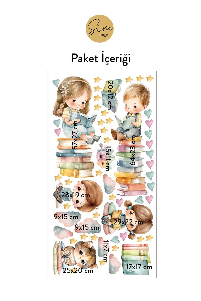 Kitap Okuyan Çocuklar Çocuk Odası Dekoratif Duvar Sticker Seti