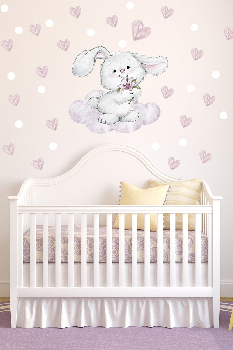 Pembe Çiçekli Tavşan Bebek Odası Duvar Sticker Seti