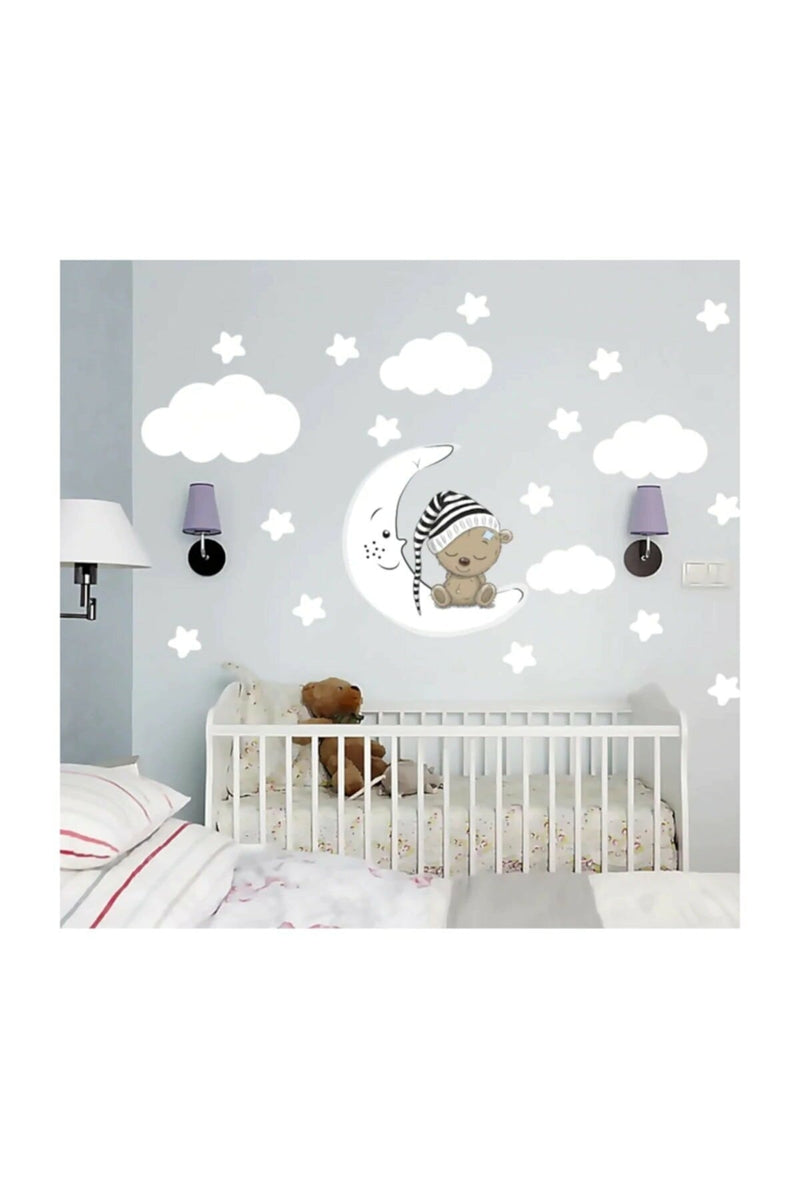 Uyuyan Ayıcık, Yıldız, Bulut Set Bebek Çocuk Odası Duvar Sticker