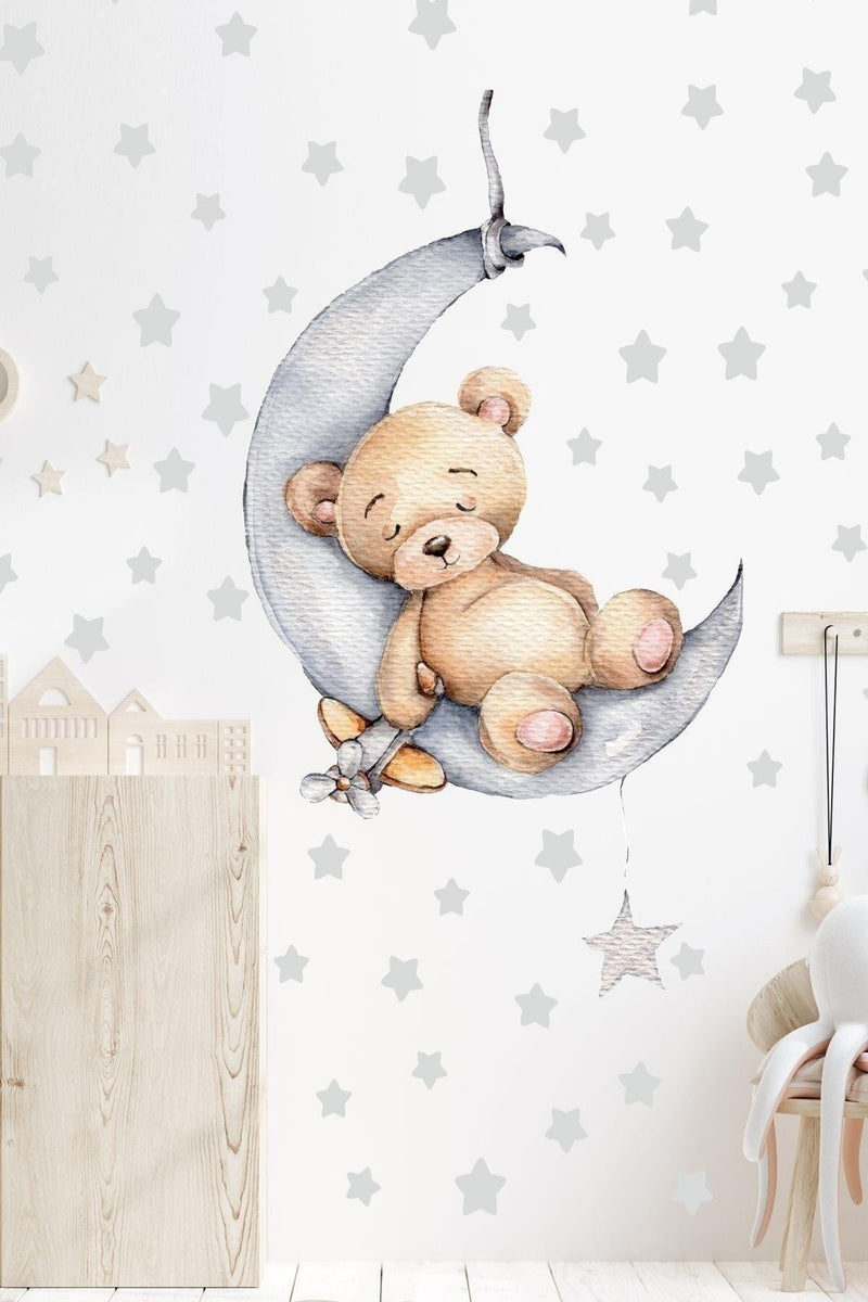 Ayda Uyuyan Sevimli Ayıcık Ve Gri Yıldızlar Çocuk Bebek Odası Sticker Seti