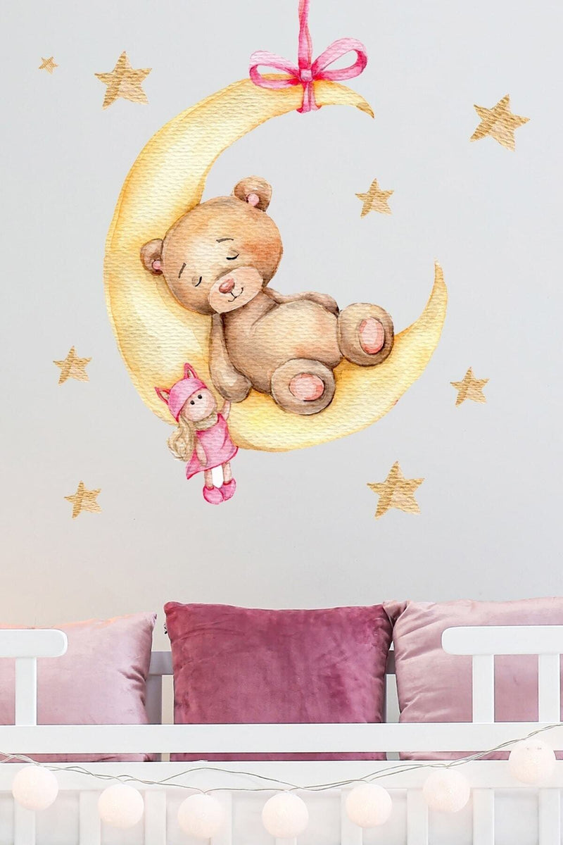 Sevimli Uykucu Ayıcık Duvar Sticker Seti Pembe