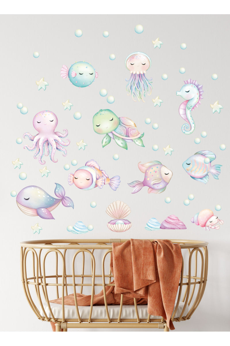 Pastel Rengarenk Okyanus Yaşamı Sevimli Balıklar Bebek Çocuk Odası Duvar Sticker Seti