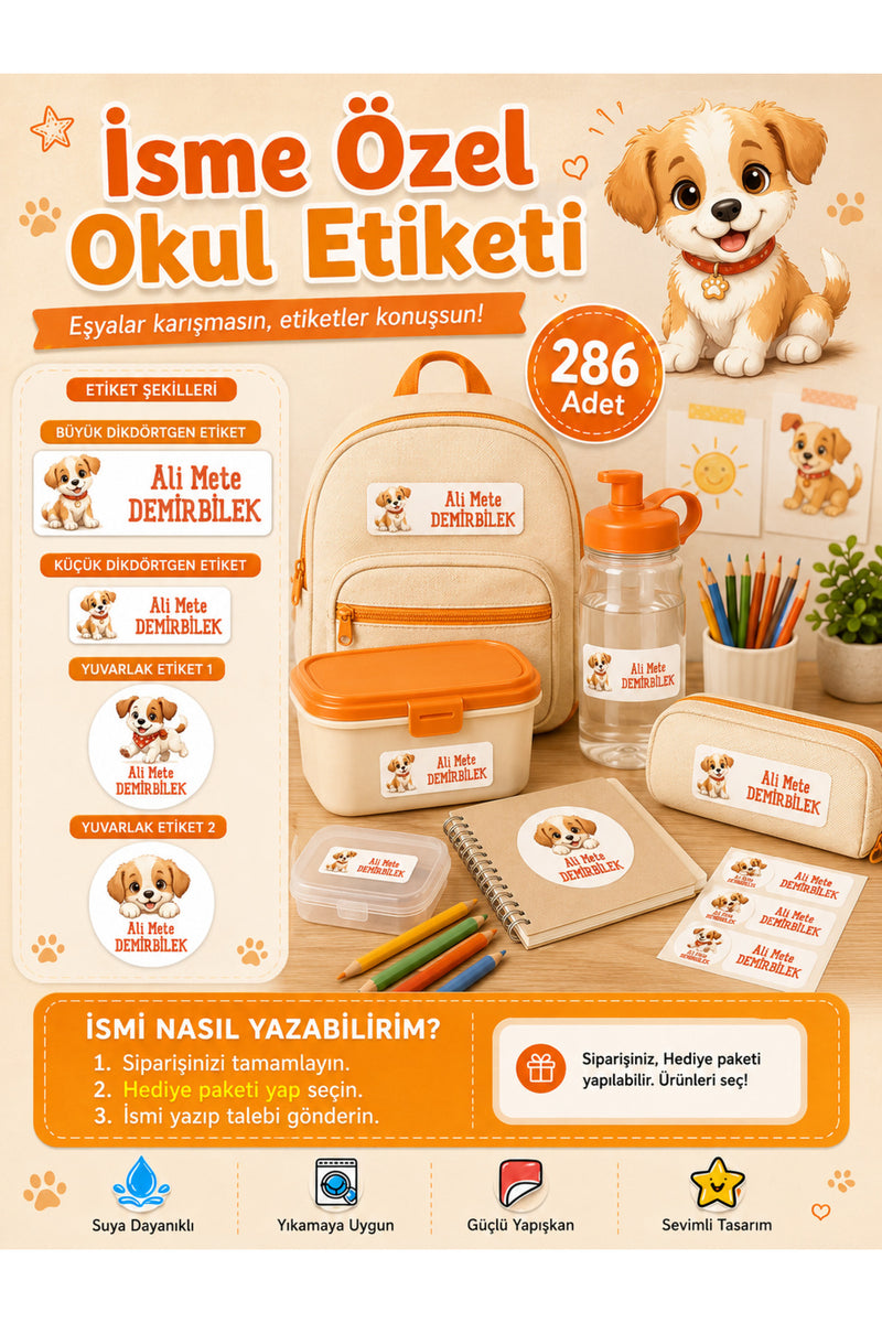 Köpek Tema Okul Etiketi Kalem Defter Etiketi Özel İsim Yazılabilen Etiket 286 Adet İsim Etiketi