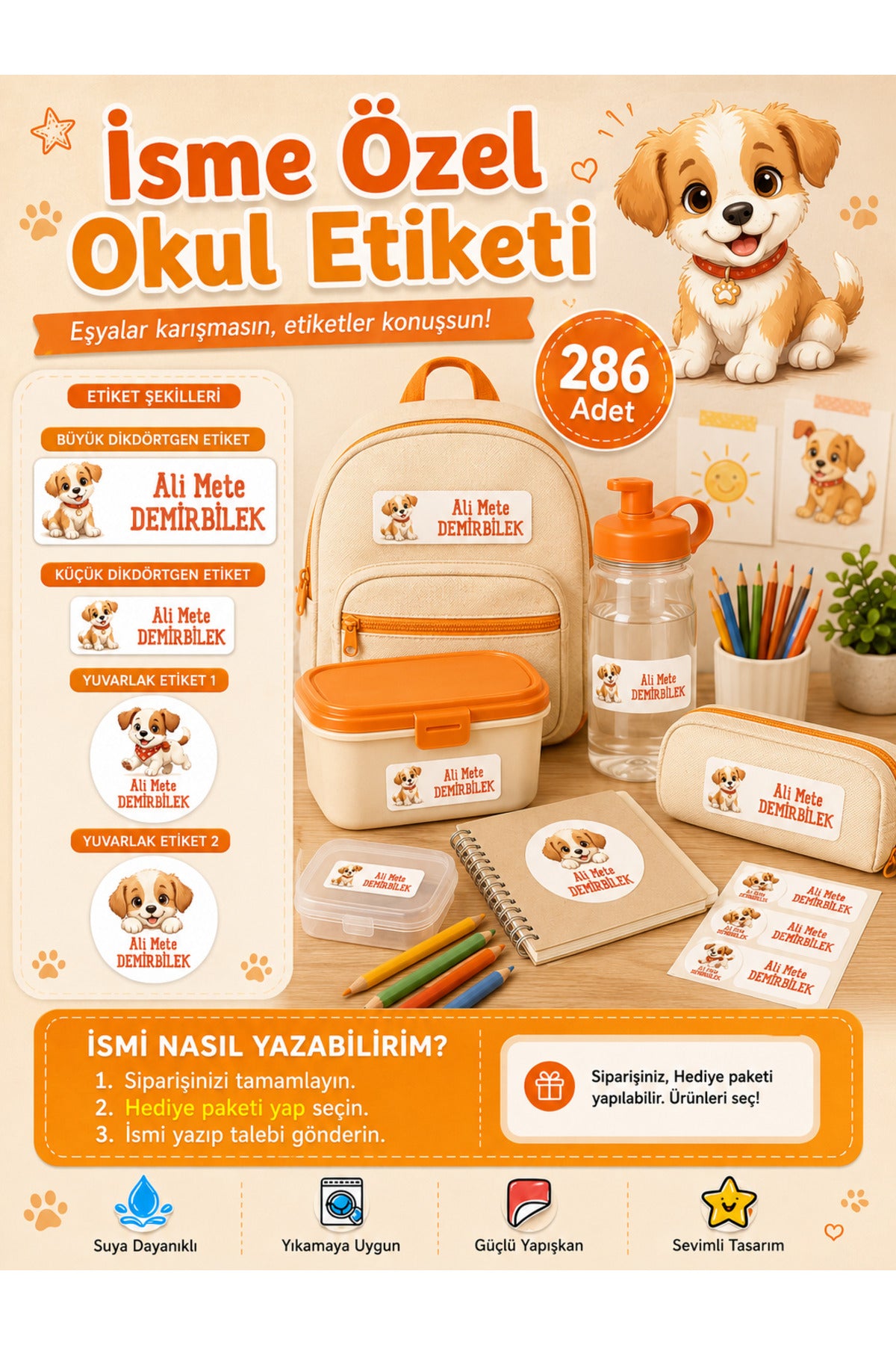 Köpek Tema Okul Etiketi Kalem Defter Etiketi Özel İsim Yazılabilen Etiket 286 Adet İsim Etiketi