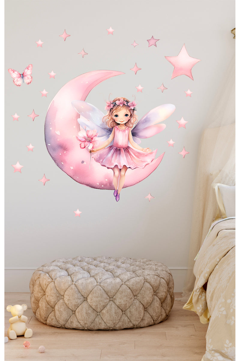 Soft Pembe Ayda Oturan Peri Kızı Bebek Çocuk Odası Duvar Sticker Seti