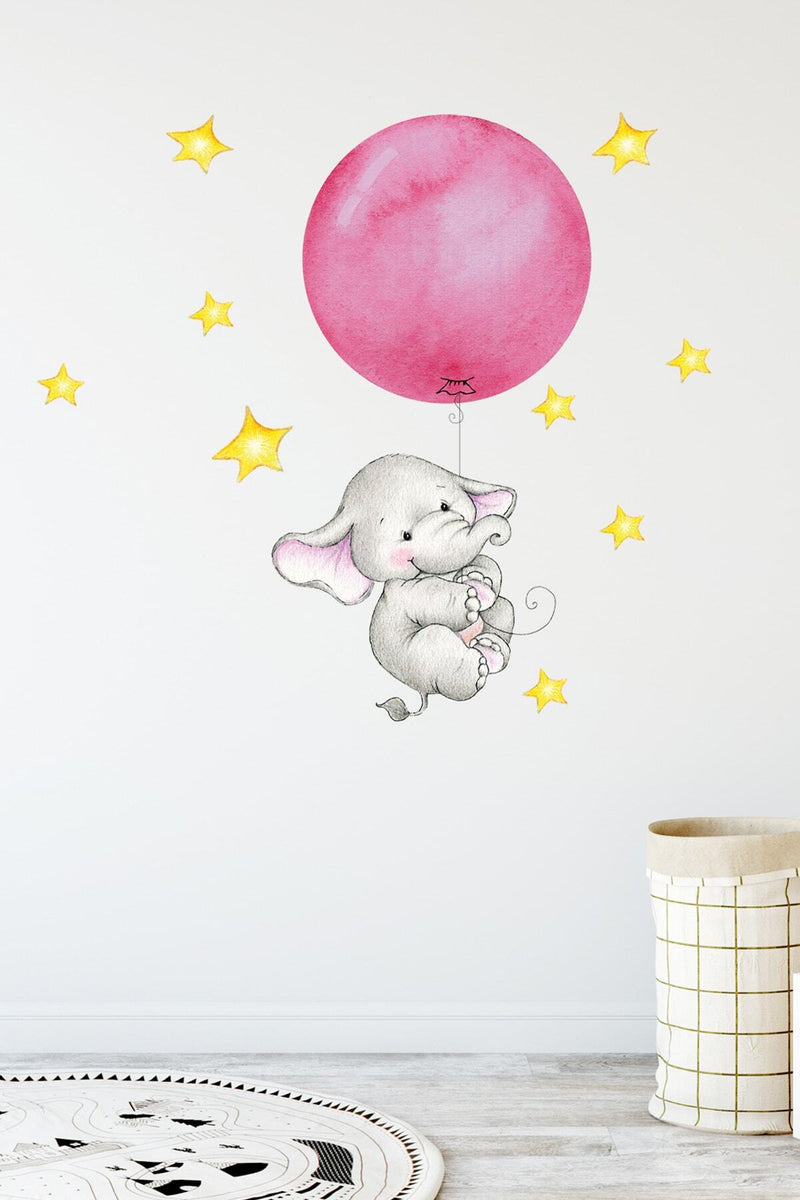 Pembe Balonlu Sevimli Fil Duvar Sticker Seti