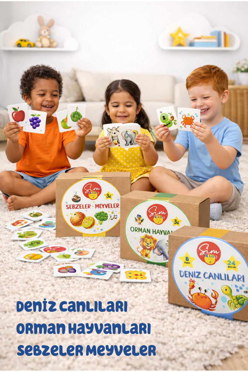 Sim Kids 3lü set 90 parça Eşleştirme Kartları Çocuk Aktivite oyun kartları