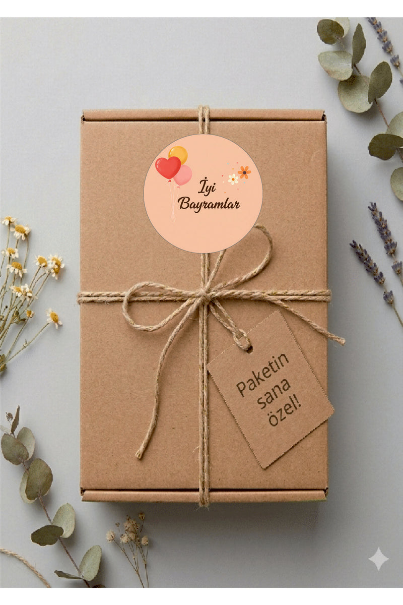 İyi Bayramlar yazılı, Paketleme Kutularına Özel Tasarım Etiketler 4 cm Çapında 15 Adet Etiket