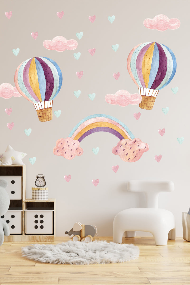 Renkli Gökkuşağı ve Uçan Balonlar Dekoratif Çocuk Odası Duvar Sticker Seti