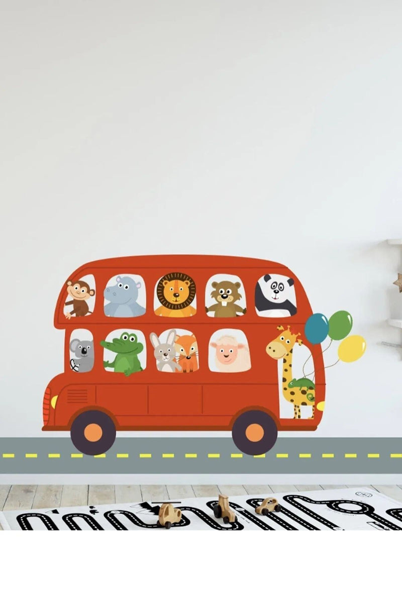 - Sim48 - Sevimli Hayvanlar Okul Taşıtında Duvar Sticker Seti Renkli
