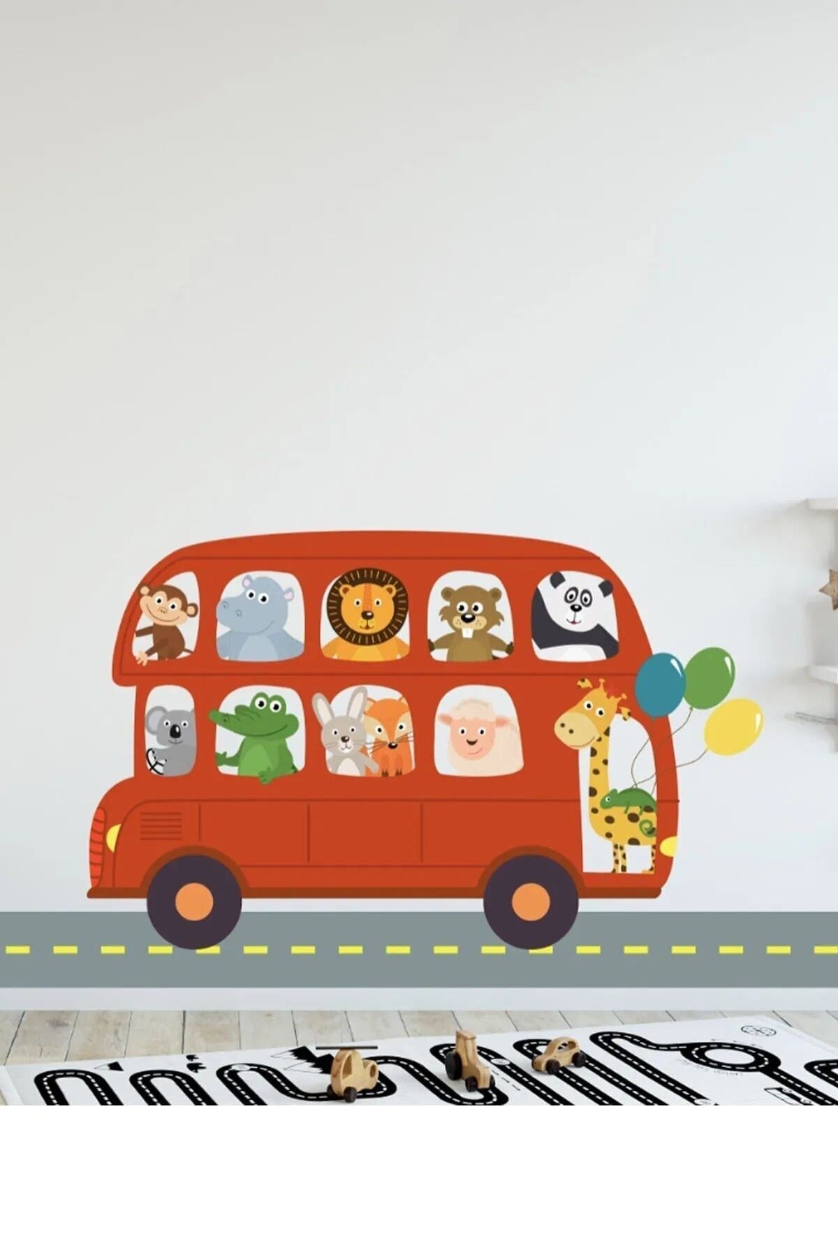 - Sim48 - Sevimli Hayvanlar Okul Taşıtında Duvar Sticker Seti Renkli