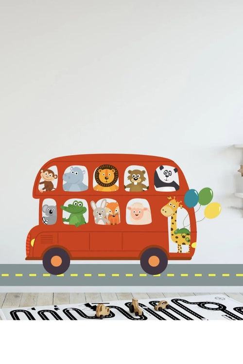 - Sim48 - Sevimli Hayvanlar Okul Taşıtında Duvar Sticker Seti Renkli