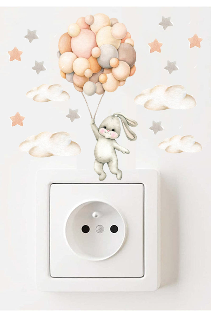 - Priz- Pastel Havabalonlu Tavşancık Çocuk Odası Dekoratif Priz Duvar Sticker