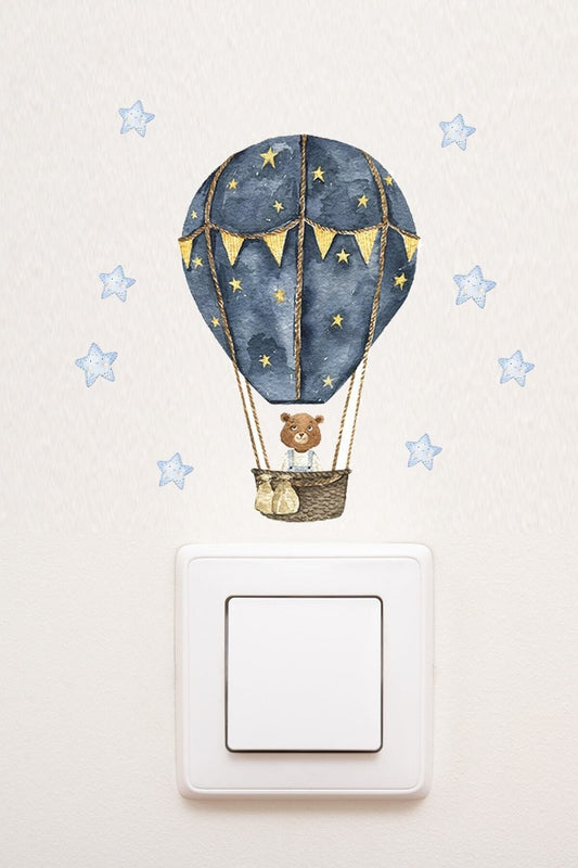 Priz- Ayıcıklı Uçan Balon Ve Yıldızlar Dekoratif Priz Sticker - Sim719