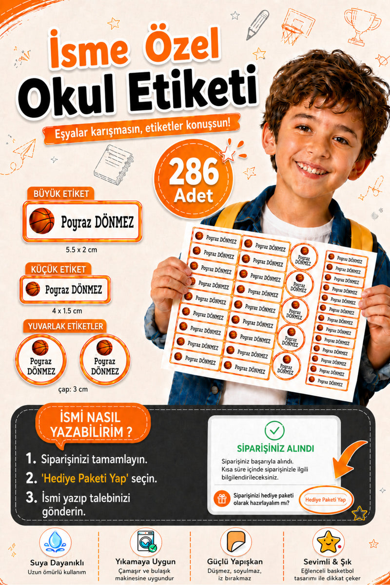 Okul Etiketi Basketbol Temalı Kalem Defter Etiketi Özel İsim Yazılabilen Etiket 286 Adet İsim Etiketi