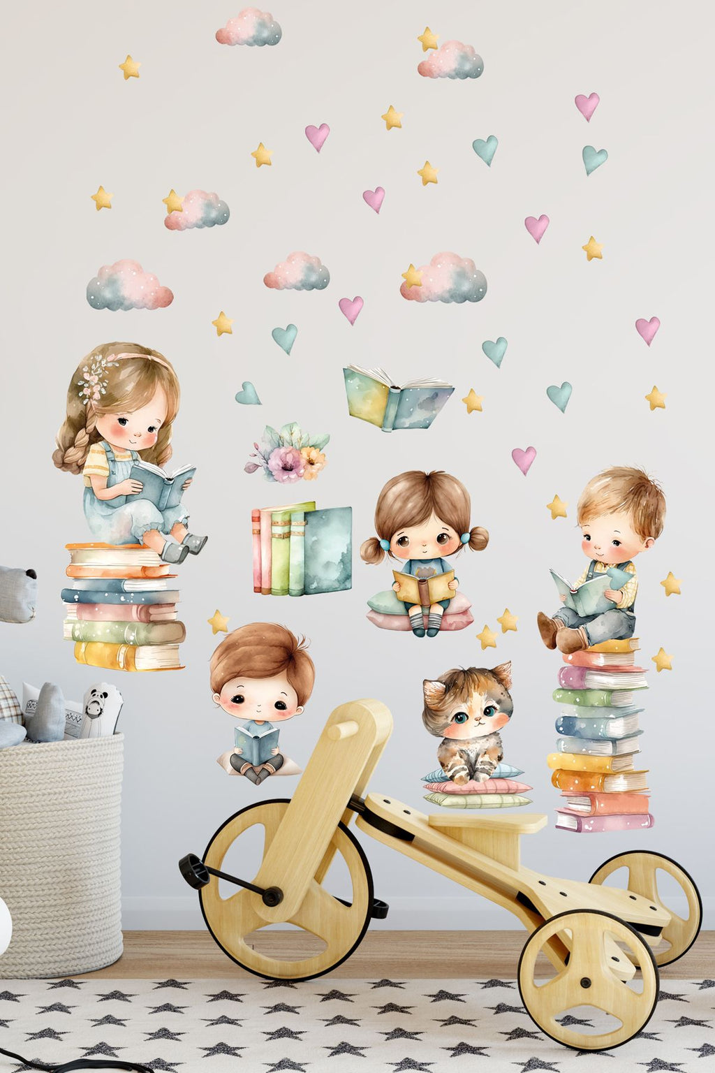 Kitap Okuyan Çocuklar Çocuk Odası Dekoratif Duvar Sticker Seti