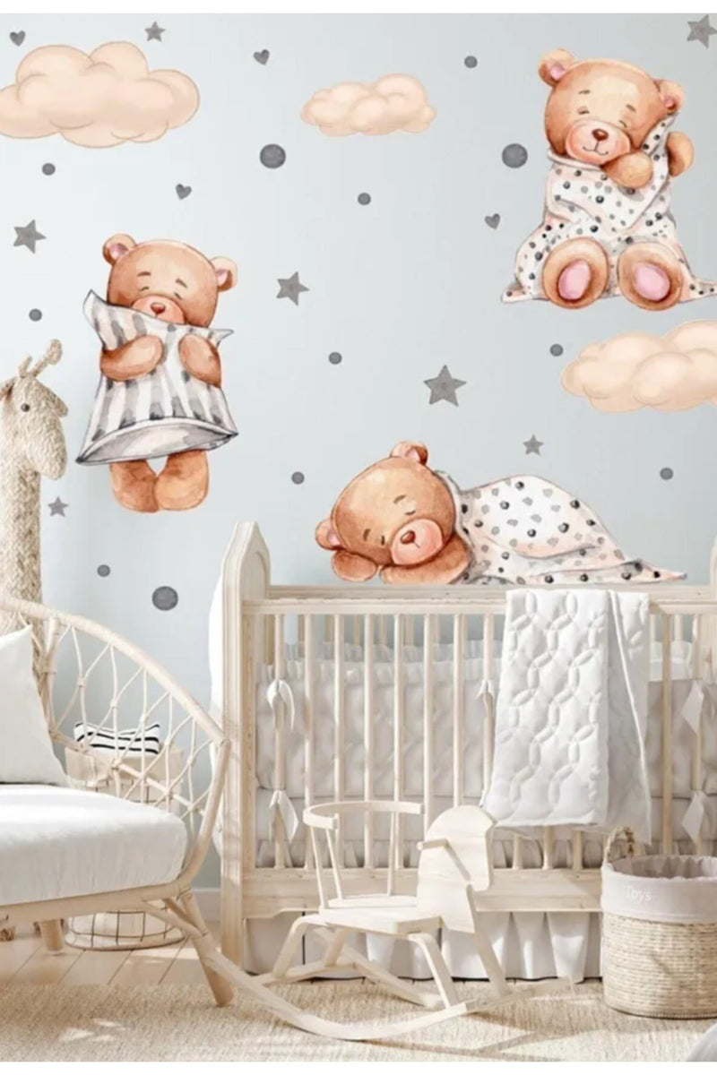 3'lü Uyuyan Ayıcık Bulutlar Ve Yıldızlar Çocuk Bebek Odası Sticker Seti