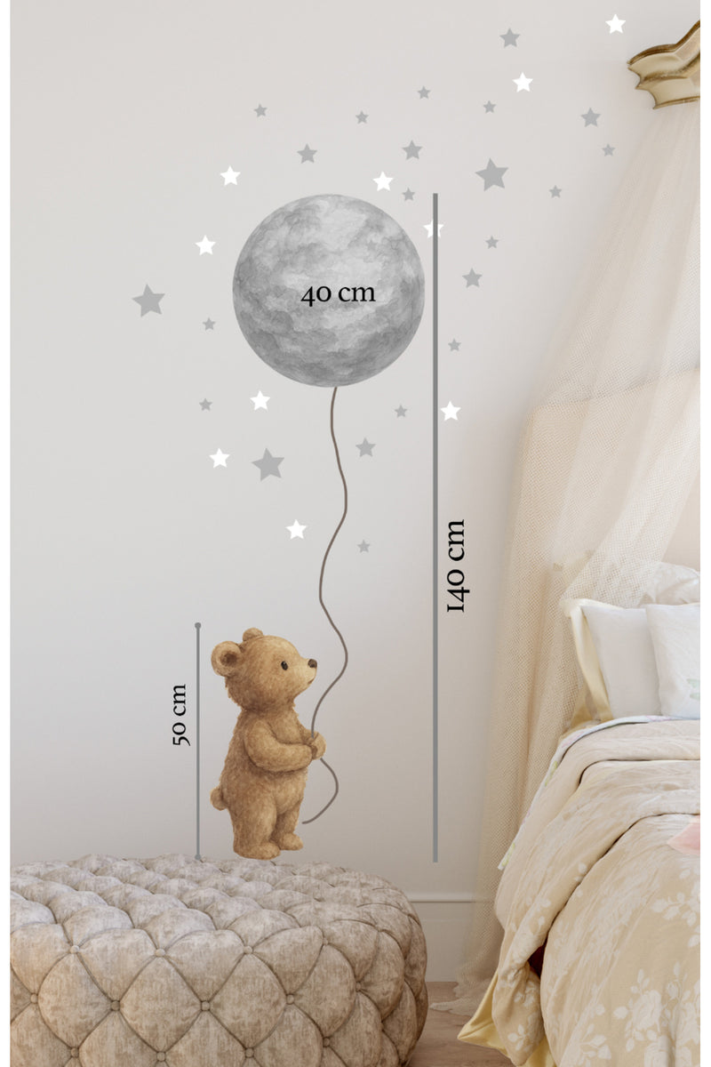 Pastel Balonlu Bebek Ayıcık - Ay ve Yıldızlar Dekoratif Çocuk Odası Duvar Sticker Seti