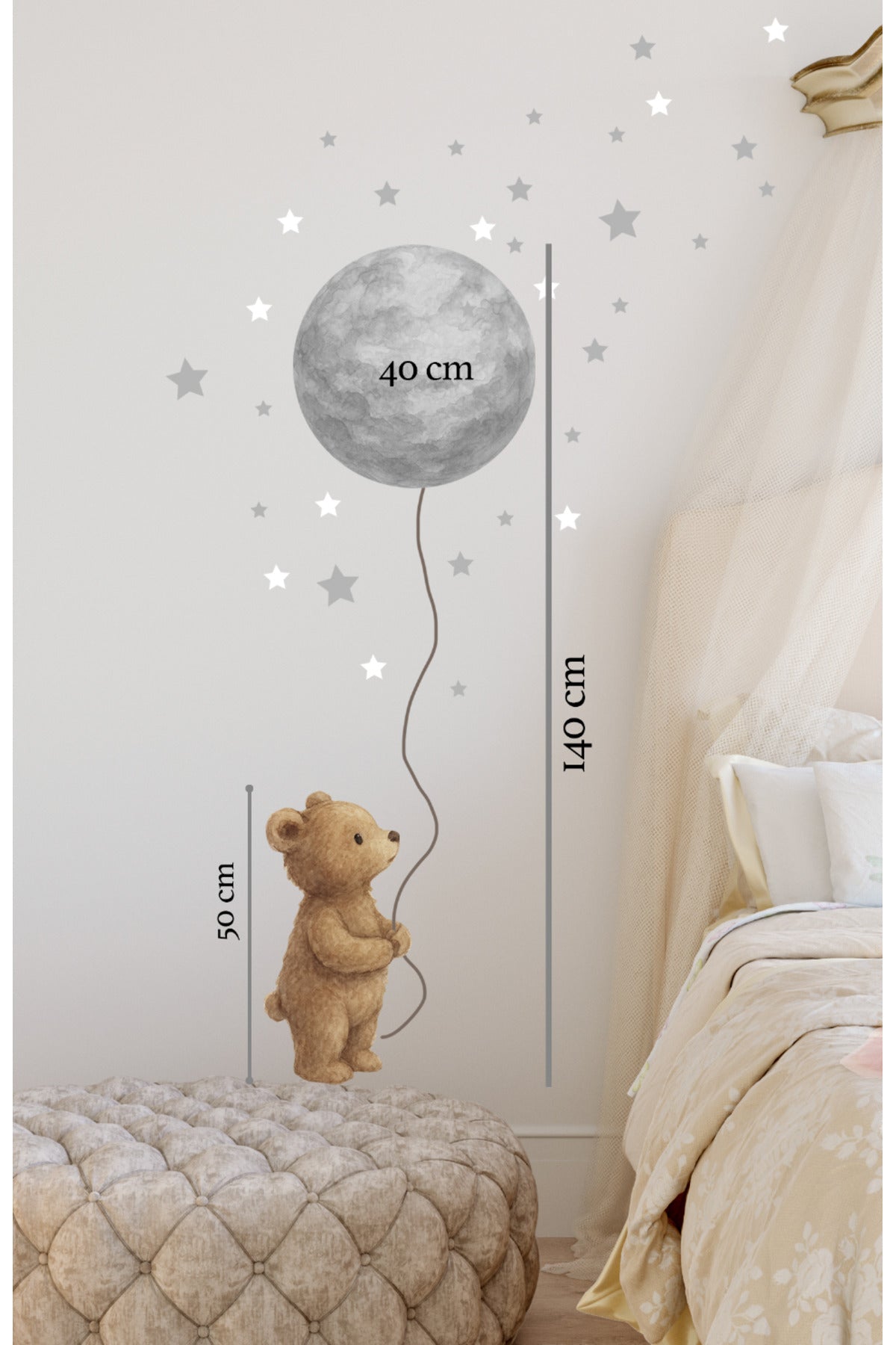 Pastel Balonlu Bebek Ayıcık - Ay ve Yıldızlar Dekoratif Çocuk Odası Duvar Sticker Seti