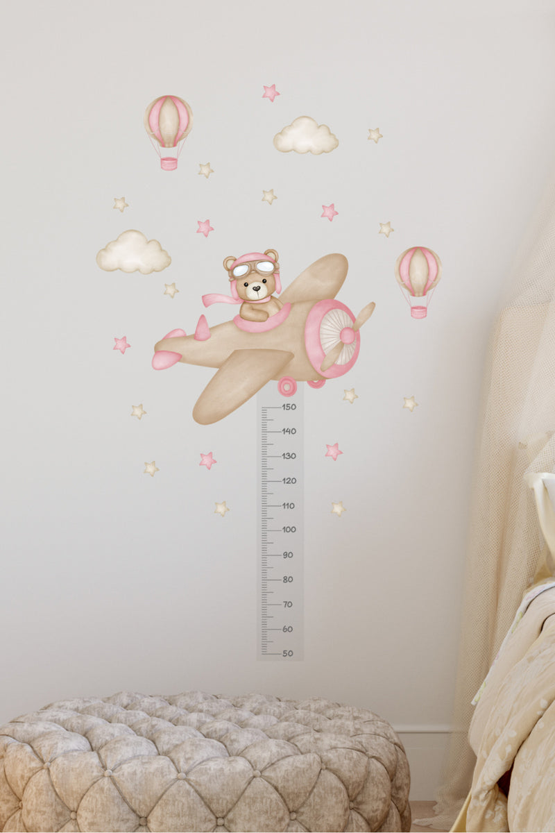 Boy Ölçer Pembe Pilot Ayıcık Hava balonları Çocuk Odası Duvar Sticker