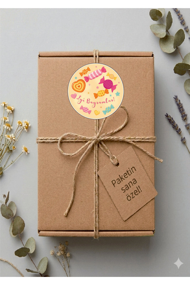 İyi Bayramlar yazılı, Paketleme Kutularına Özel Tasarım Etiketler 4 cm Çapında 15 Adet Etiket